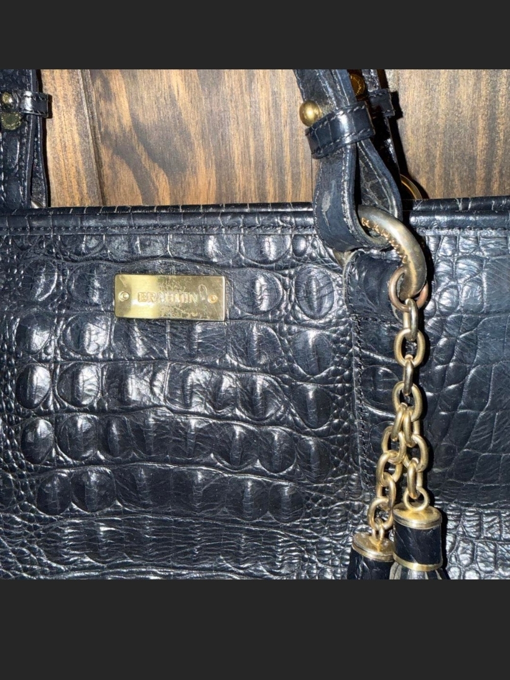 Brahmin Black Croc-Embossed Leather Tote with Tassel - Picture 4 of 5